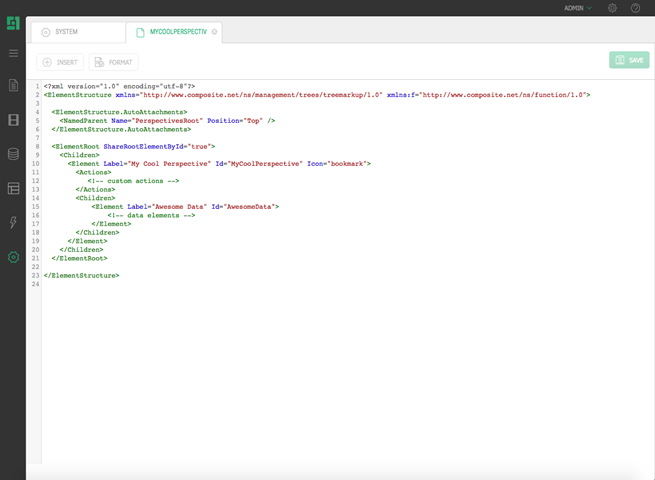 Extend C1 Console with your custom perspective by using tree definitions.