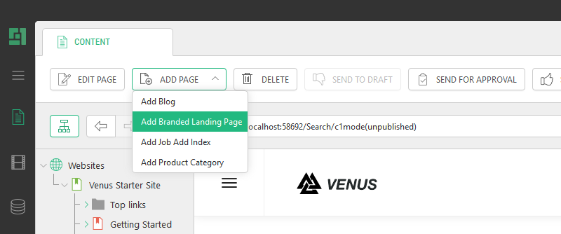 The Add Page drop-down to select a page type