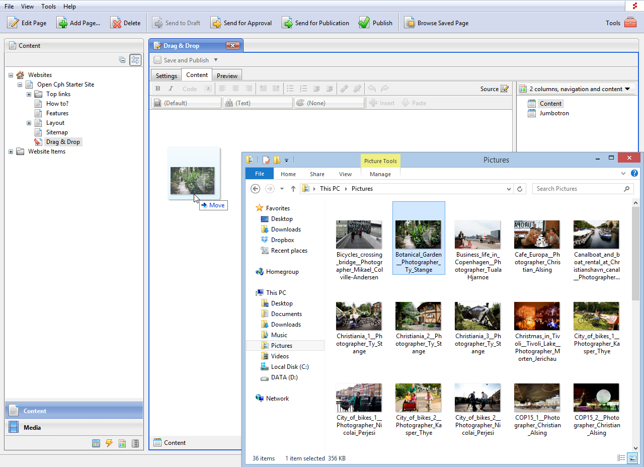 Drag and drop files into the CMS