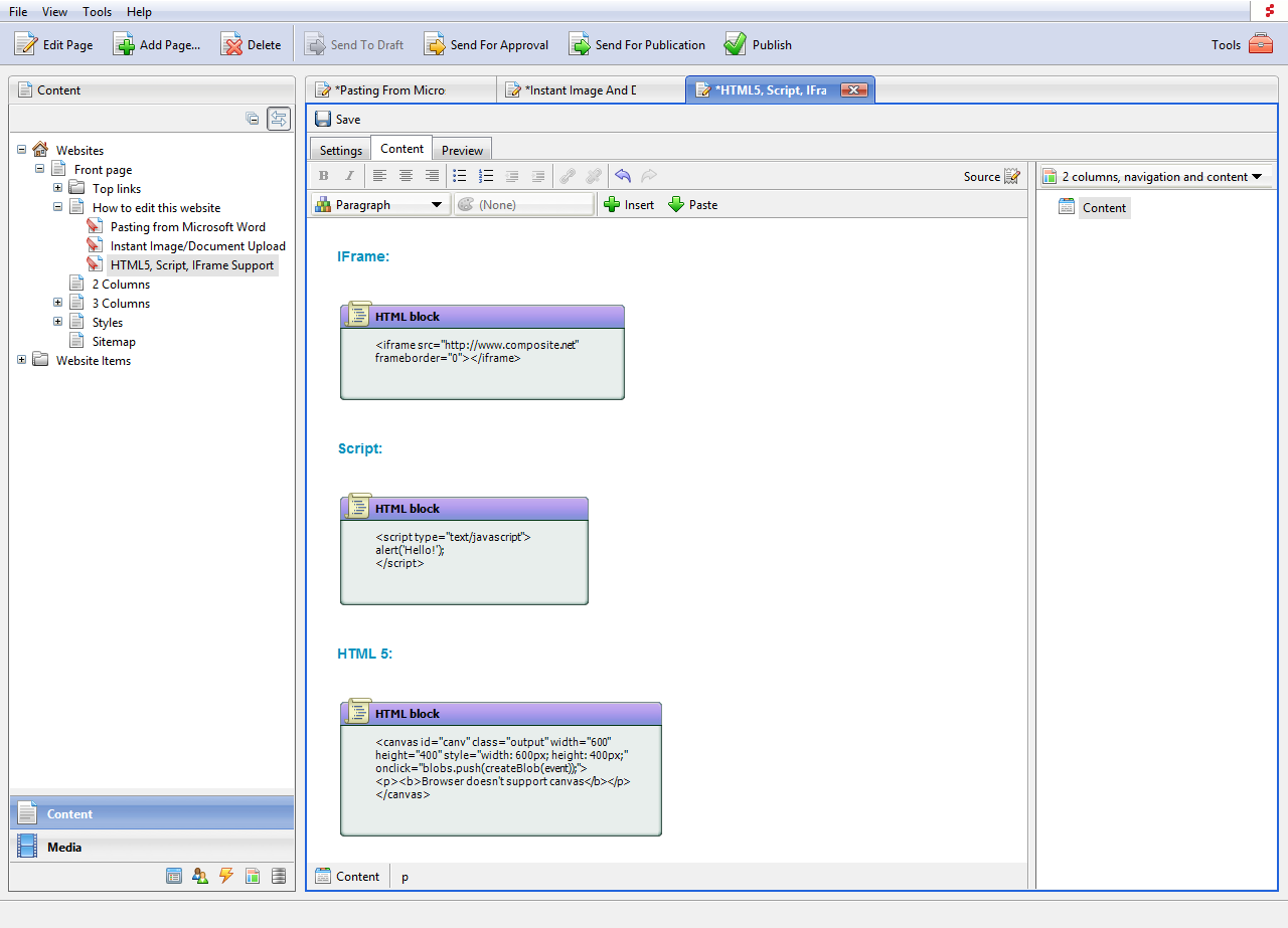HTML 5, Script, Iframe support